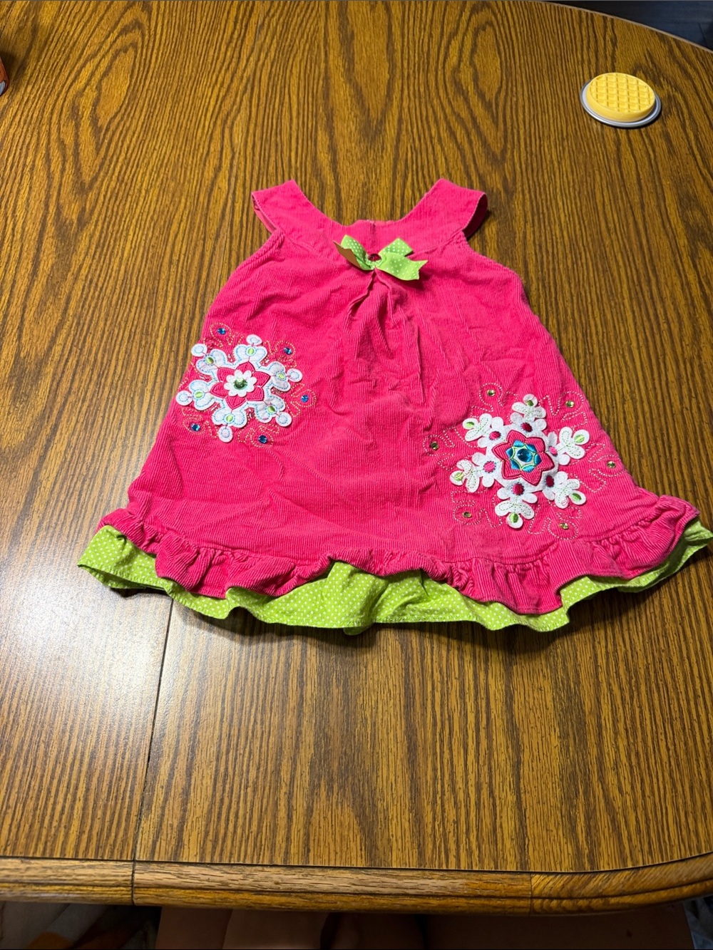 Rare Editions Pink Dress with Green Trim and Floral Embroidery